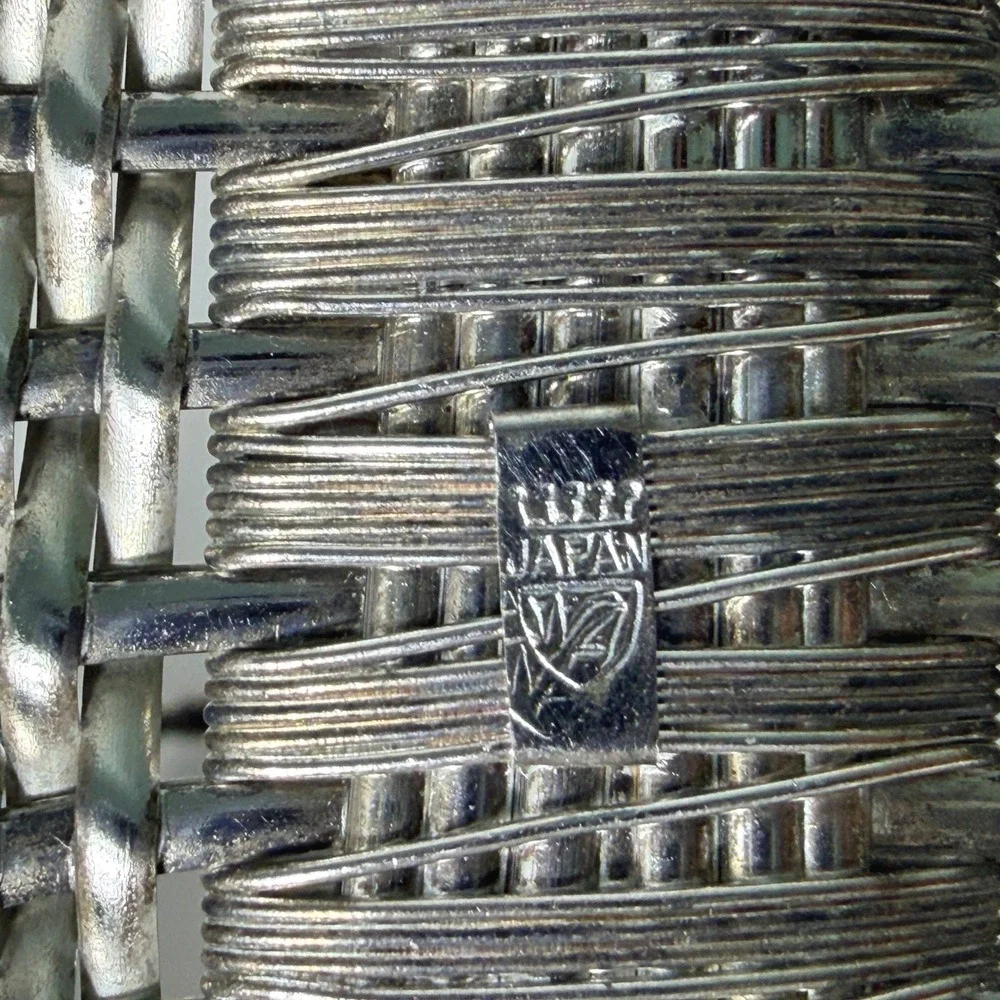 Vintage Japan Silver Plate Woven Wire Wine Bottle Basket Holder Braided Handle